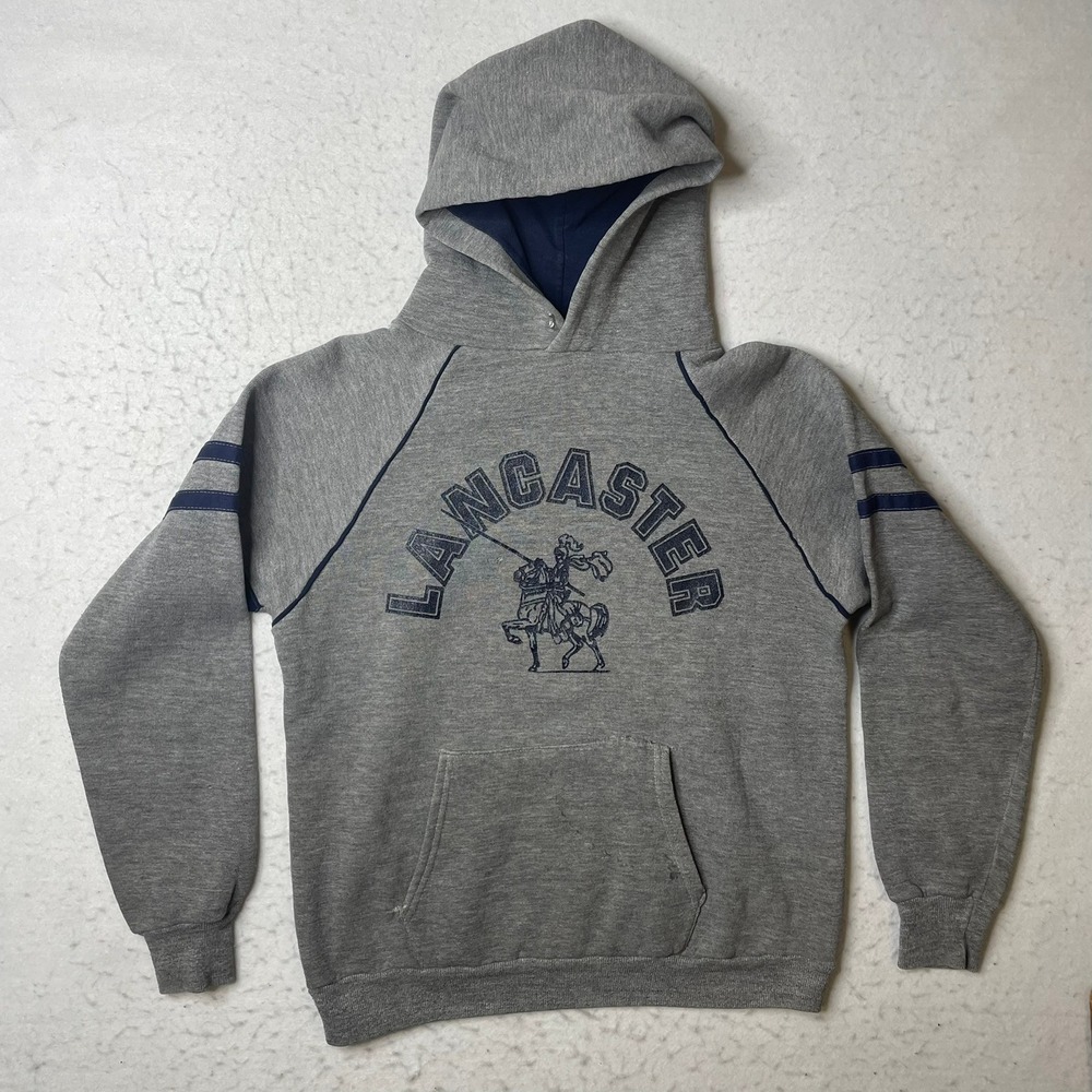 Vintage Jerzees Russell Lancaster Hoodie Mens Medium Gray Raglan Sleeve USA Made